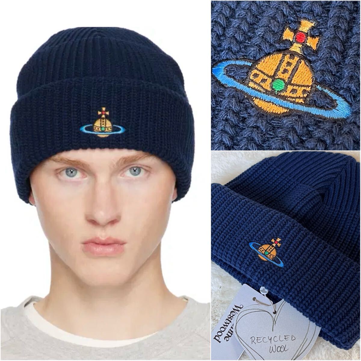新品タグ付き◇Vivienne Westwood Sporty beanie Navy ニット帽 ビーニー 帽子 ヴィヴィアンウエストウッド ニットキャップ ウール 紺