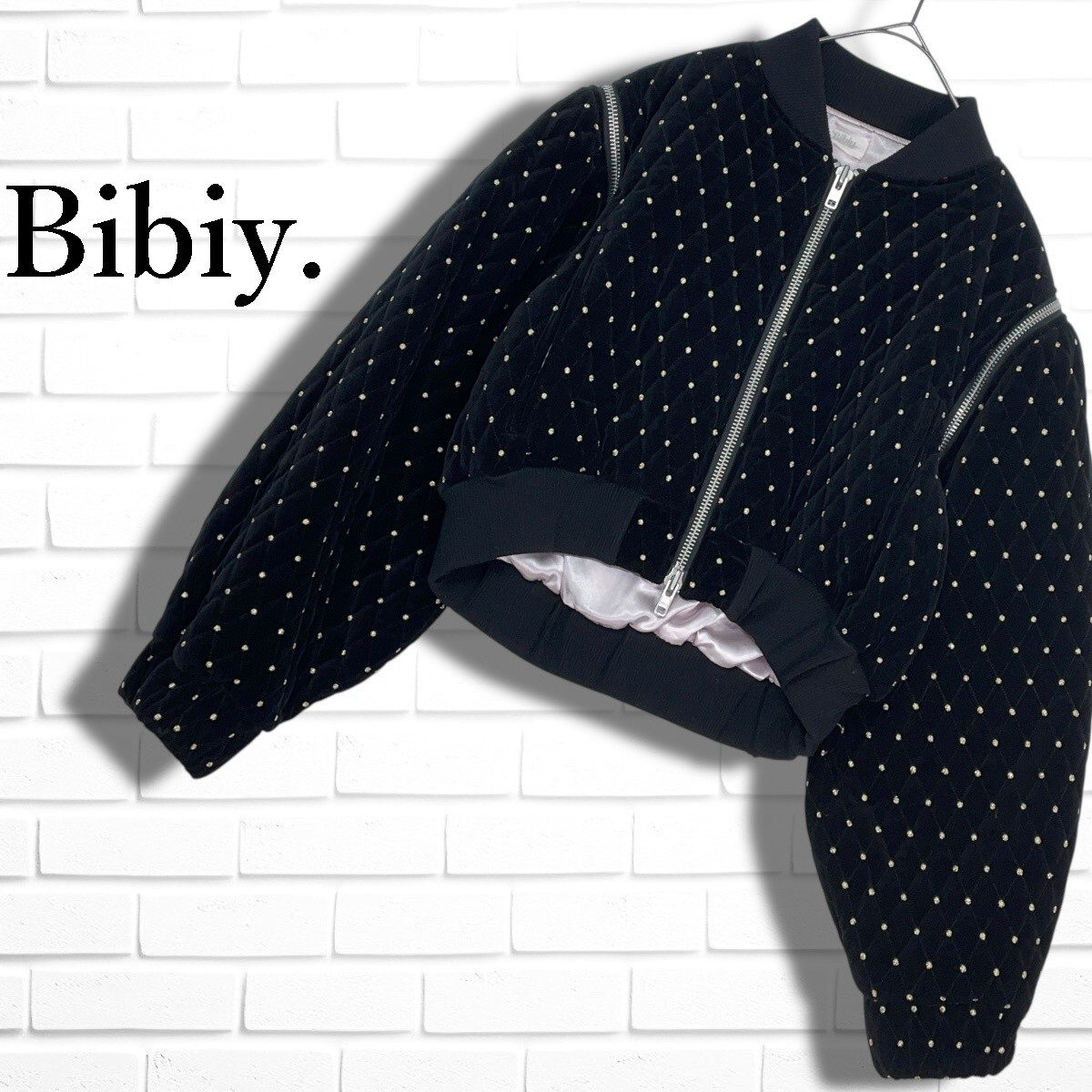 ◆良品◆ Bibiy. ビビィ 2WAY ODETTE ZIPPER JACKET 刺繍 キルティング ベロア ジャケット ブルゾン 黒 金 ブラック レディース F 4326A◇