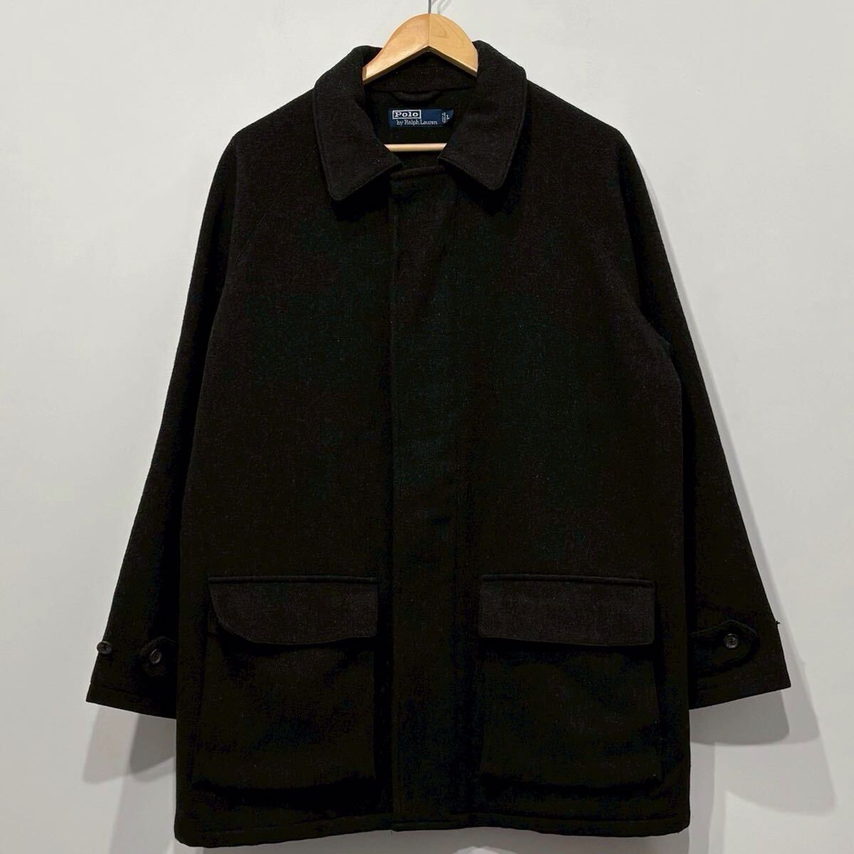 【20】 美品 希少 90s ポロ ラルフローレン 一枚袖 ブラック 無地 ウール ハーフ コート L POLO Ralph Lauren wool coat black 黒