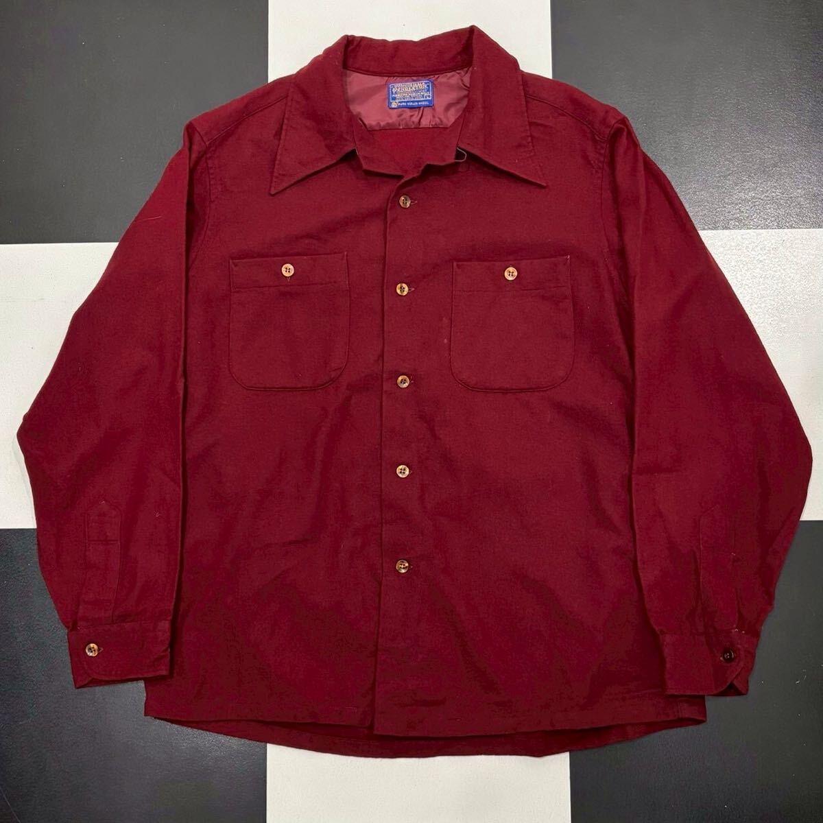 【34】 60s pendleton オープンカラー ボード ボックス ウール シャツ L ボルドー ペンドルトン vintage ビンテージ wool board shirt USA