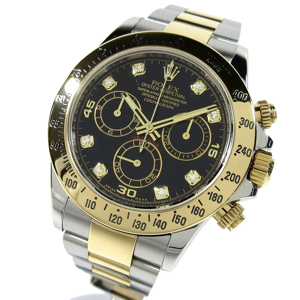 ロレックス 116523G デイトナ 8Pダイヤモンド ブラック文字盤 メンズ 自動巻 時計 SS YG 箱 ランダム番 G付(購入日 2015年) R90