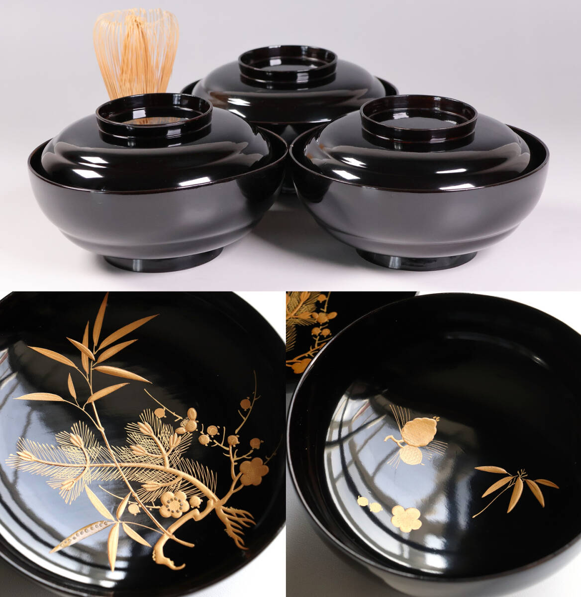 【CM414】輪島塗 松竹梅 金蒔絵 木瓜形 黒塗椀 三客 天然木漆塗 漆芸 漆器 伝統工芸品 茶懐石道具 会席 宴席