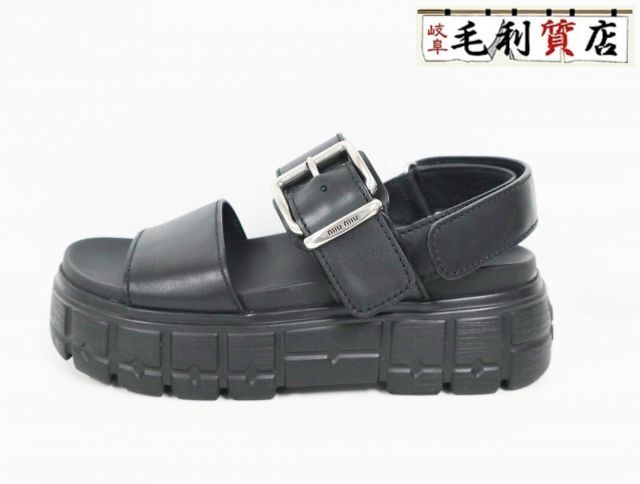 ミュウミュウ MIUMIU チャンキーソール ブラック レザー サイズ36 23.0cm レディース サンダル【中古】靴