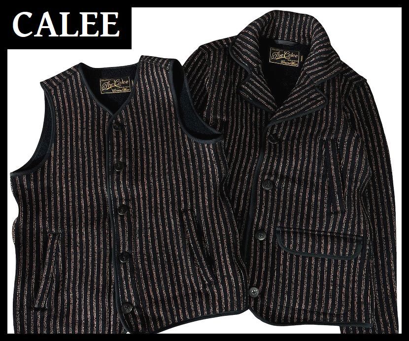 送無 名作 定価84,240円 美品 CALEE キャリー ラッセル編み ストライプ ビーチクロス シングル Pコート ジャケット & ベスト セットアップ