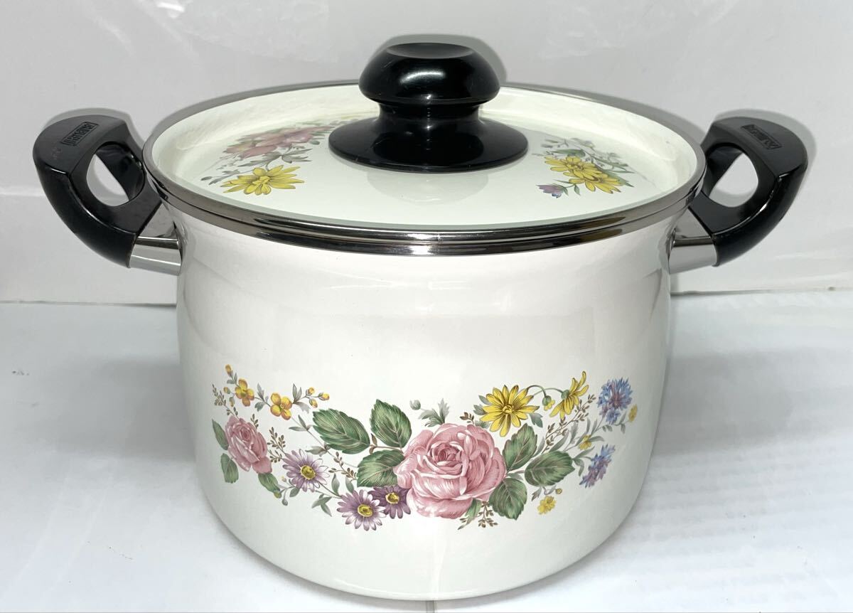 昭和 レトロ ◆ZOJIRUSHI 象印 ◆花柄 白いホーロー製 両手鍋 20cm 未使用