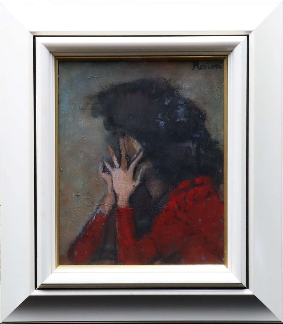 【宙】真作保証 堀内規次「カフェにて」油彩画 F3号 サイン裏書有 額装 1979年制作 自由美術家協会会員 静謐な人物表現 [D]11D15.l.2.1.D