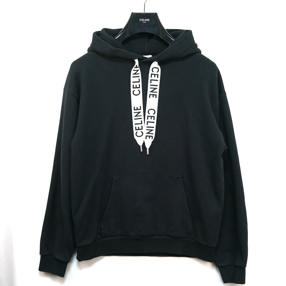 2021AW CELINE セリーヌ Loose Sweatshirt Cotton Fleece ドローコード ロゴ フーディー スウェット プルオーバー パーカー ブラック sizeM
