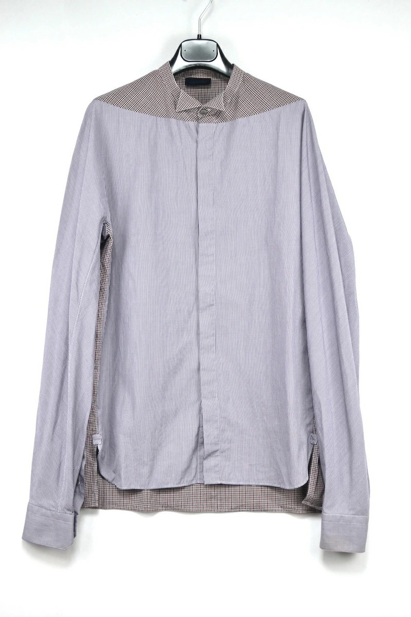 LANVIN ランバン ラウンドネック ギンガムチェック 切り替え メンズシャツ サイズ 38/15 参考サイズ S 右脇下に穴あり