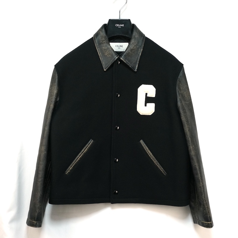 FW25 CELINE Teddy jacket セリーヌ テディジャケット ウールフェルト スタジャン レザー ウール ブラック 46サイズ RV0TV814E.38NO