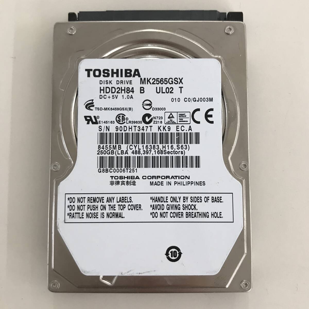 TOSHIBA 東芝 SATA 2.5インチ HDD ハードディスク 250GB ノートパソコン PC パソコン MK2565GSX SN:90DHT3471KK9EC.A 中古