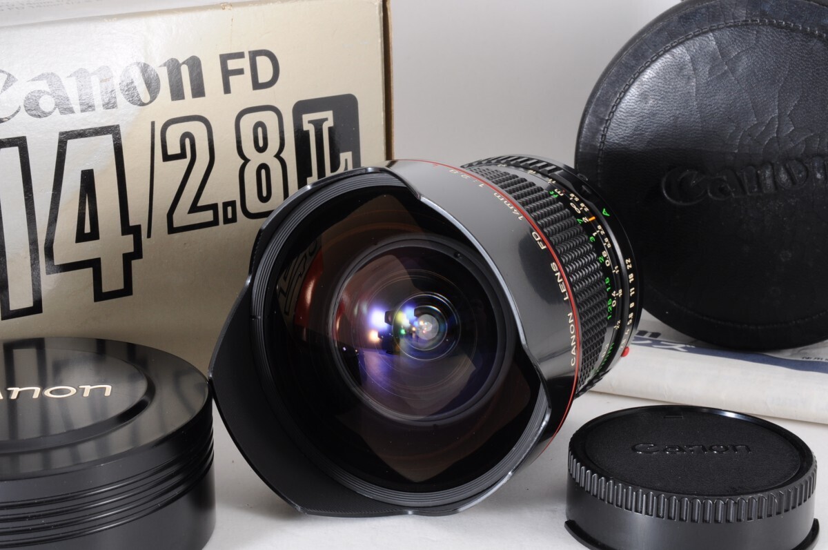 美品 Canon キャノン New FD 14mm F2.8 L 超広角 単焦点 魚眼 レンズ ケース 元箱付 動作品 フィッシュアイ 赤鉢巻 カメラ RR-683S/714