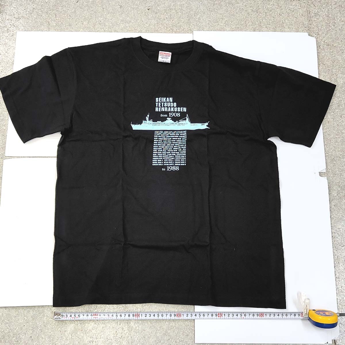 青函連絡船 Tシャツ XL 46/48 黒★SEIKAN TETSUDO RENRAKUSEN from 1908 to 1988 いるか文庫 青函鉄道連絡船★未使用・未着用・経年品