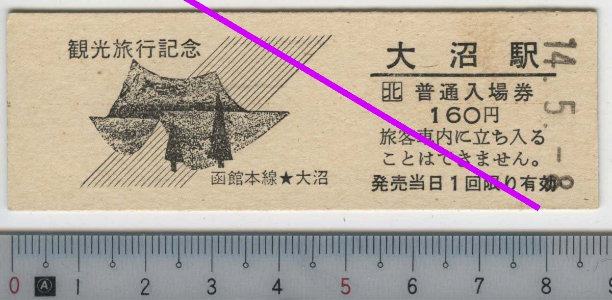 (観光旅行記念) 普通入場券 大沼駅 14.5.-8 JR北海道★D型硬券 大沼駅発行 1016 (管261)