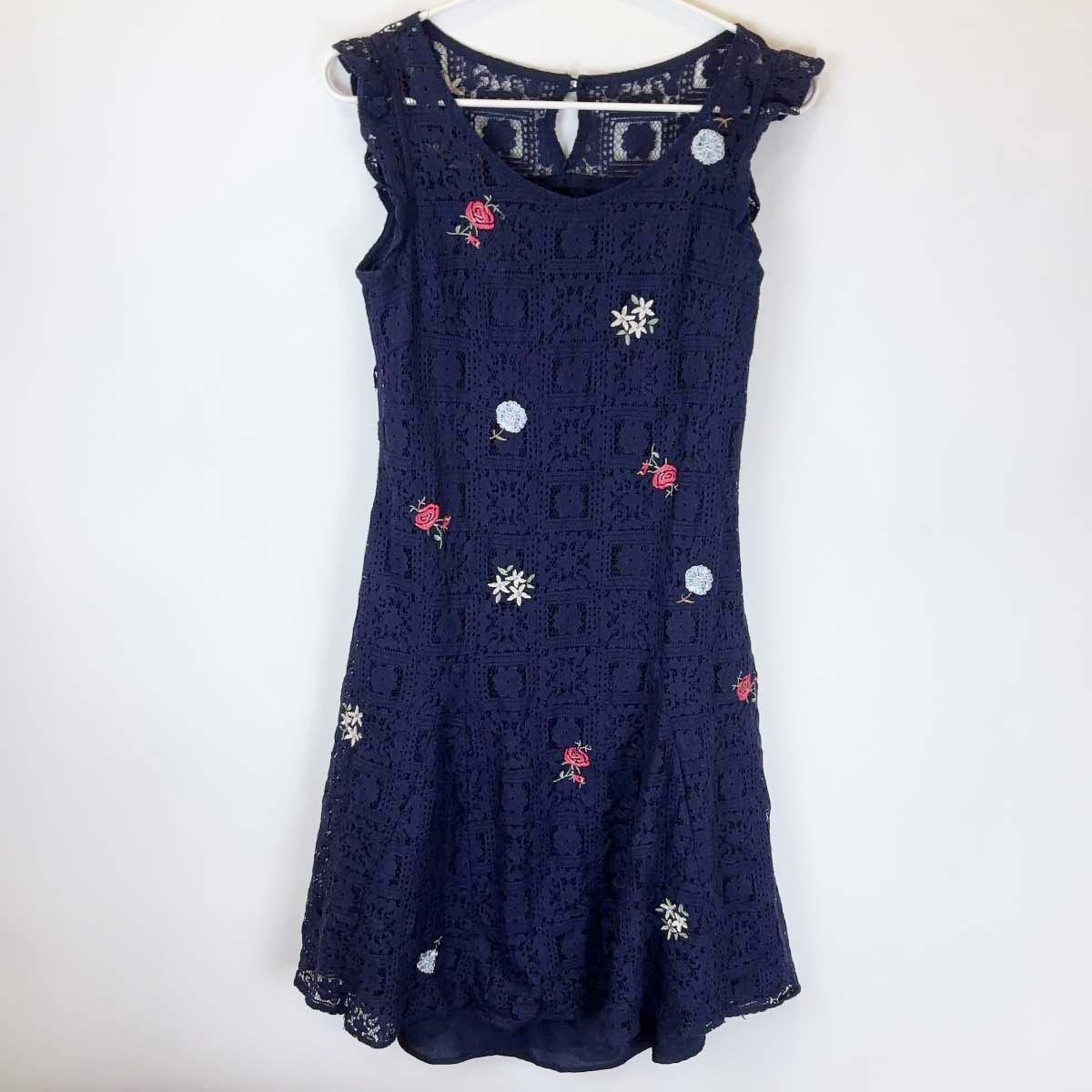【中古】WILLSELECTION ウィルセレクション ノースリーブ 刺繍 ワンピース S ネイビー レディース