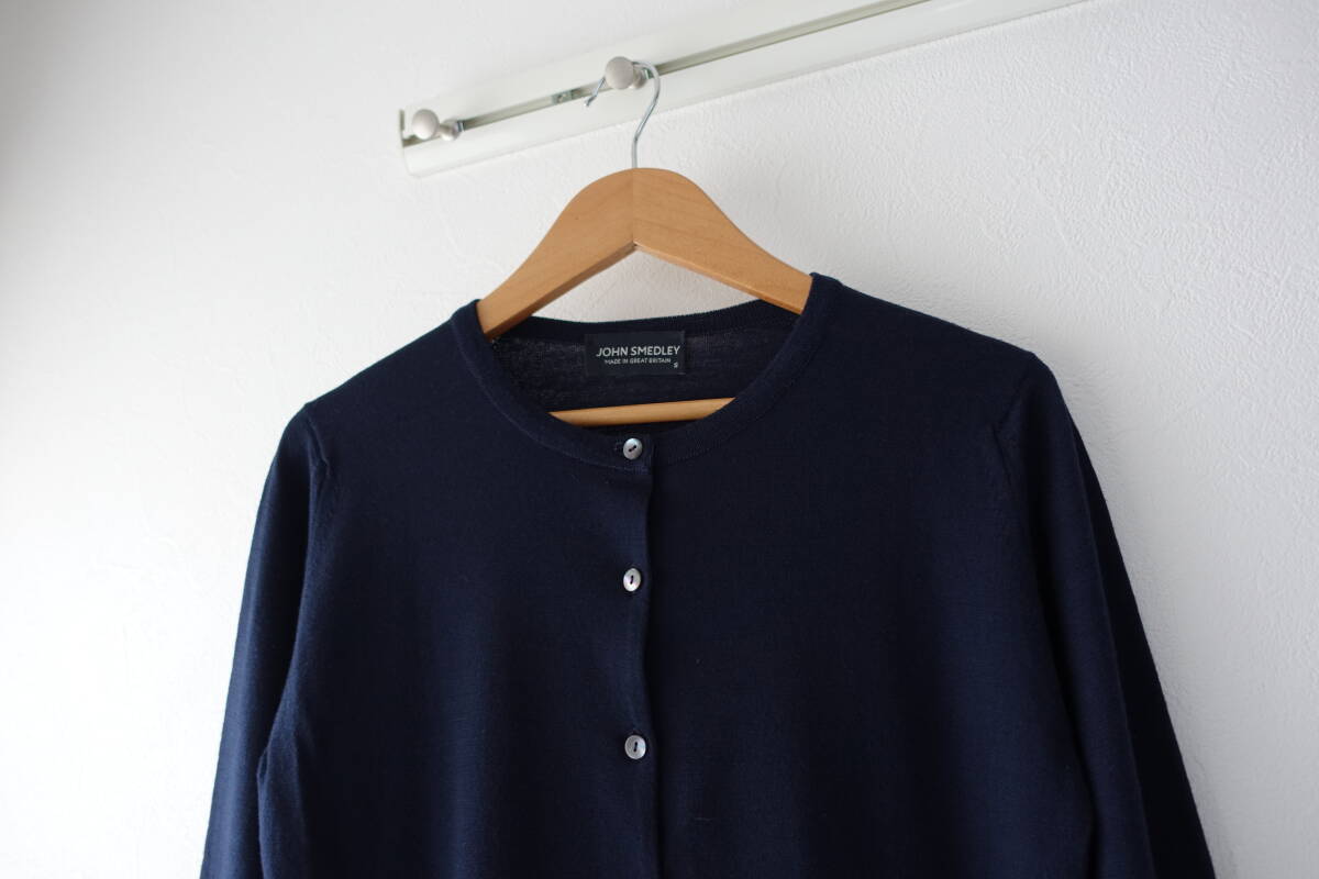 美品 イギリス製 JOHN SMEDLEY ジョンスメドレー ネイビー ウールニット クルーネック カーディガン Sサイズ