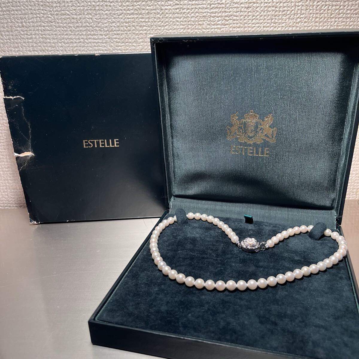 真珠 パール ESTELLE 留め金 シルバー フラワー ネックレス パールチェーン 約6.5㎜球 長さ約43㎝