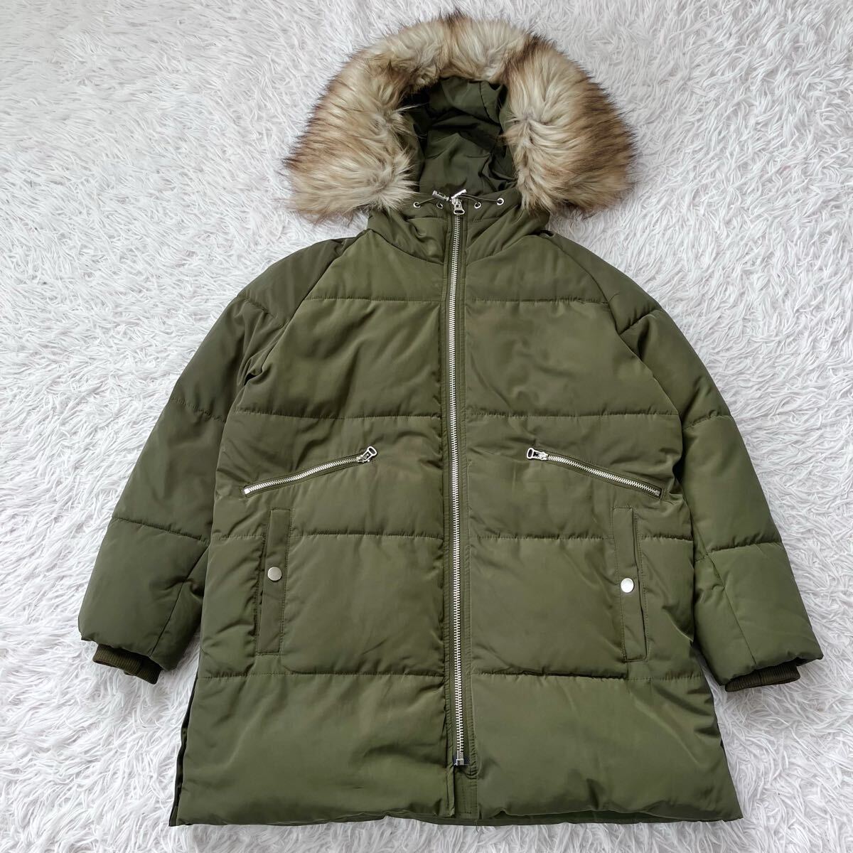 送料無料 美品 ZARA 中綿ジャケット ダウンコート アウター カーキ ザラ ファー 古着 Lサイズ 26