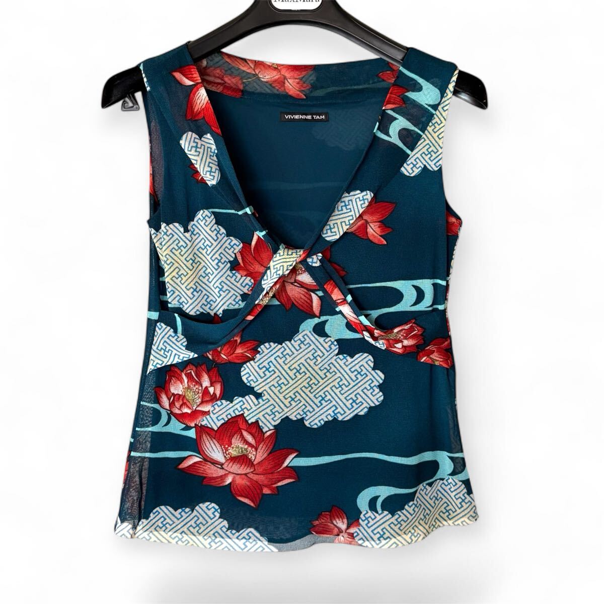 希少 vintage VIVIENNE TAM ヴィヴィアンタム 蓮子 雲 ネイビー系 総柄 パワーネット Vネックレス ノースリーブ カットソー トップス