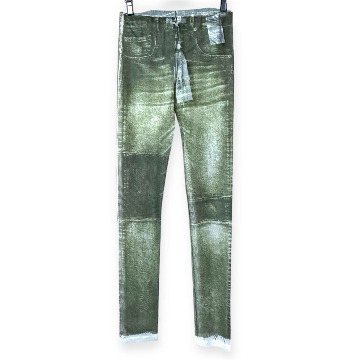 新品 未使用 MM6 Maison Margiela エムエムシックス デニム柄 グリーン系カラー グラフィックプリント スキニー シアーパンツ ボトムス 