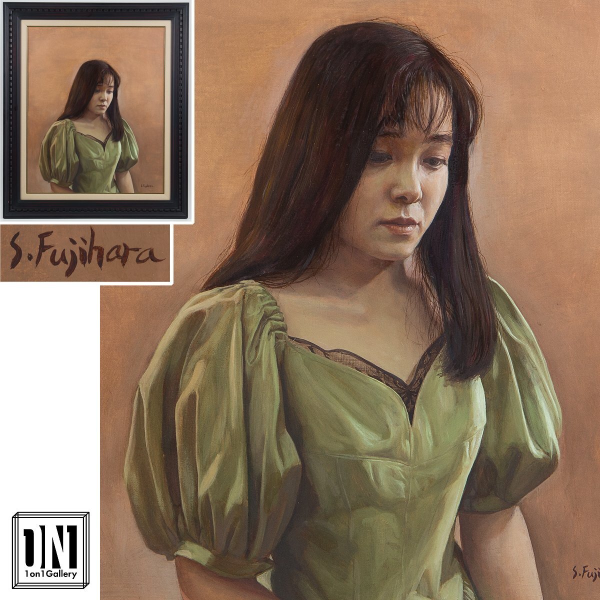 【1on1】真作 藤原秀一 『伏し目がちの・・・』 油彩 キャンバス 12号 額装 ■ 東京藝術大学大学院修了 リアリズム逸品 ホキ美術館収蔵作家