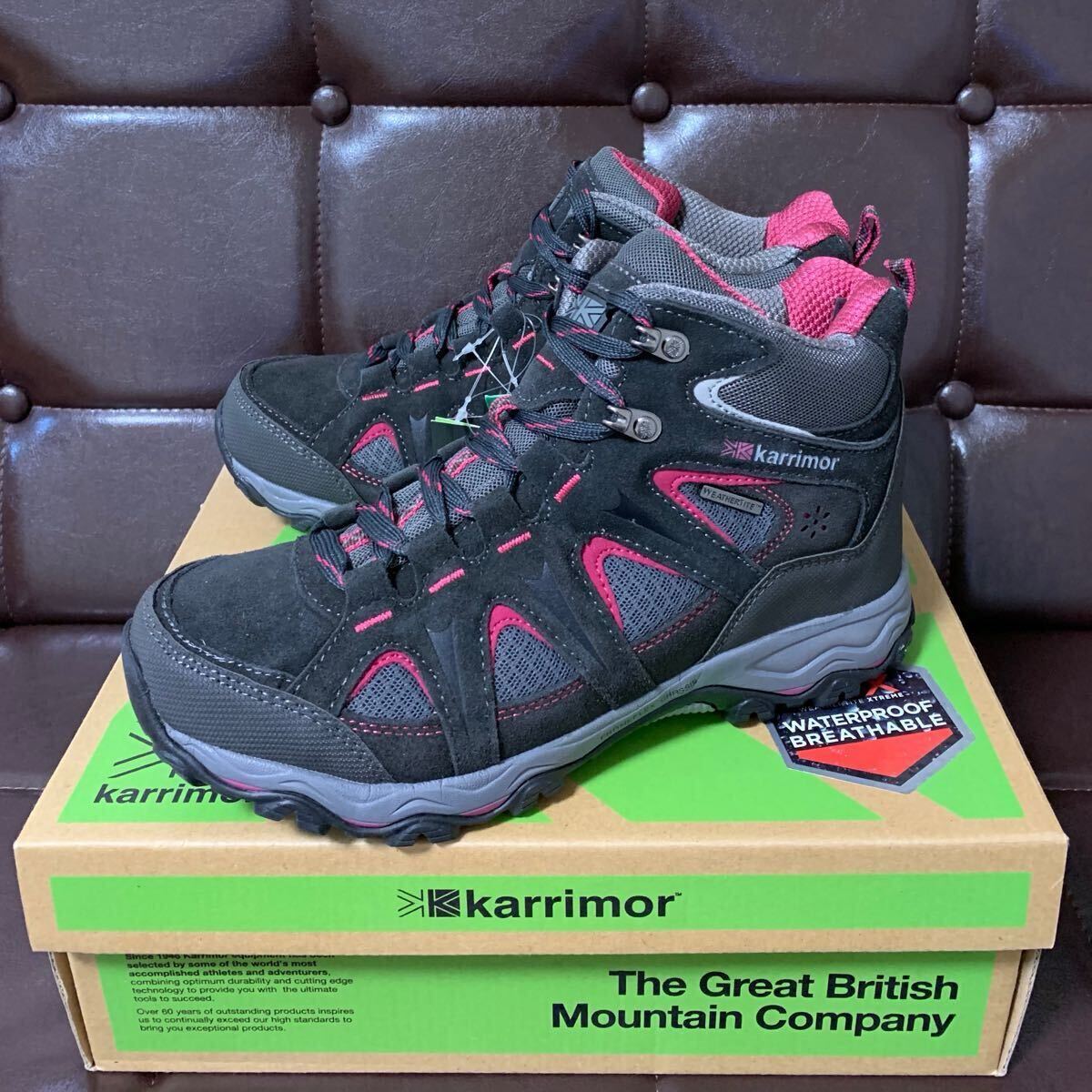 新品！KarrimorカリマーMount Mid Ladies 8本革防水レディーストレッキングシューズ25.5cmブラック/ピンクweathertite防水DYNAGRIPソール