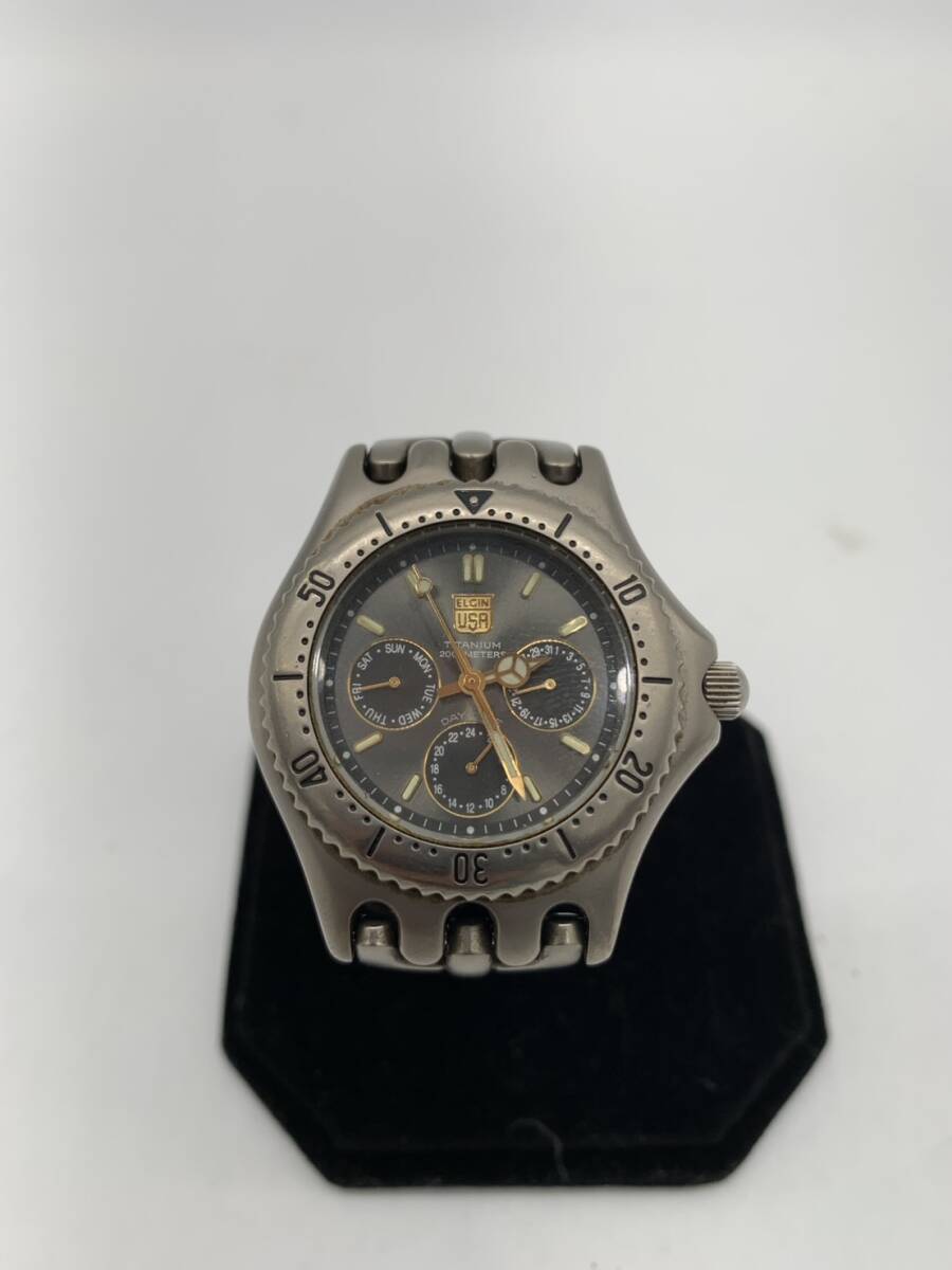 【稼働品】 ELGIN USA エルジン FK-668-A チタニウム ダイバー 腕時計 デイデイト メンズ クォーツ