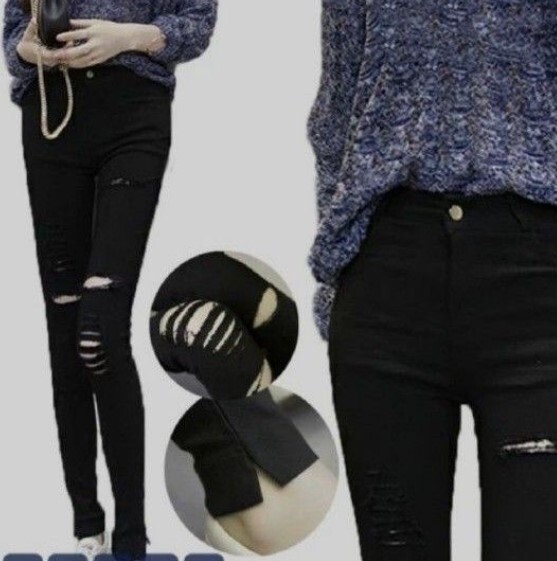 L ダメージスキニーパンツ 穴あき ブラック ストレッチ パンツ ハイウエスト ダメージ スキニー パンツ スキニーパンツ レディース