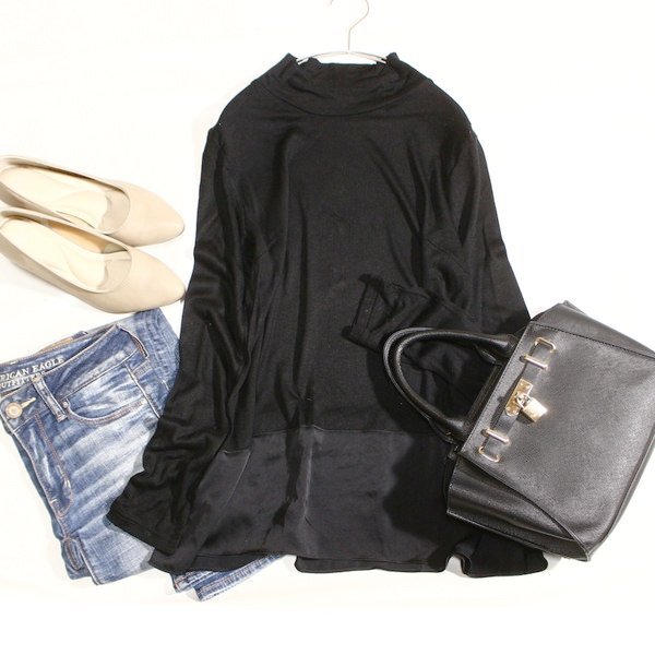 美品 EVEX by KRIZIA エヴェックス バイ クリツィア とろみ切り替え ハイネック ニット プルオーバー 40号 L 春 秋 黒 ブラック 26A01