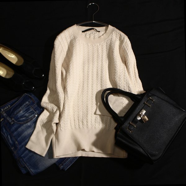 美品 YECCA VECCA イェッカヴェッカ ケーブル編み 綺麗め ニット セーター F フリーサイズ ライトベージュ 26B01