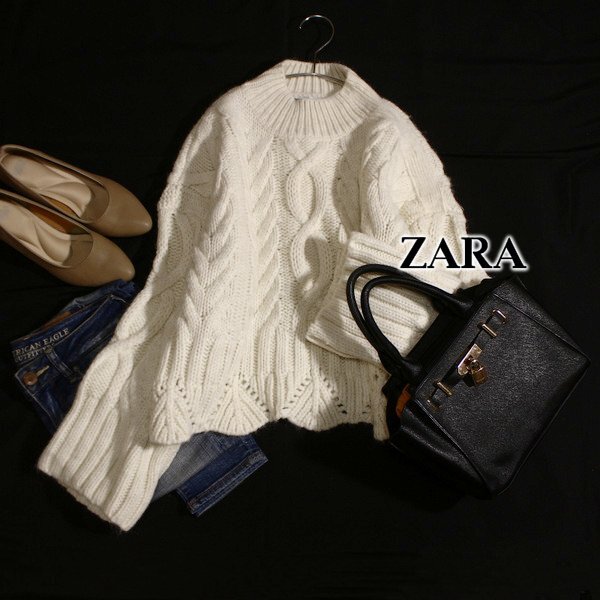 美品 ザラ ZARA ゆったり 厚手 ケーブル編み ニット セーター S 秋 冬 オフホワイト 26D01