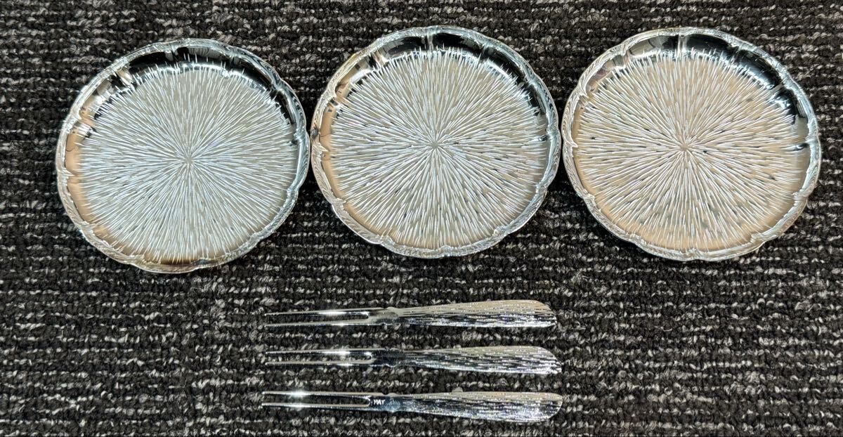 20260128-2 長期保管品　銀仕上げ　銘々皿3枚　ピックフォーク3本　 食器　 小皿　
