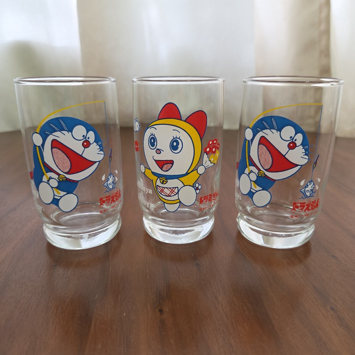 昭和レトロ ポップ ノベルティ 三ツ矢サイダー バヤリースオレンヂ ドラえもん ドラミちゃん グラス 3点セット 非売品 希少 貴重 レア 美品