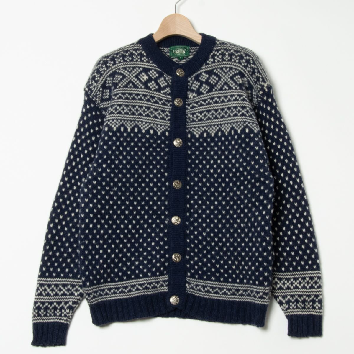 CREEM ノルディック柄 ニットカーディガン S クルーネック ネイビー ホワイト ウール100％ レディース 婦人 秋冬 カジュアル フェミニン