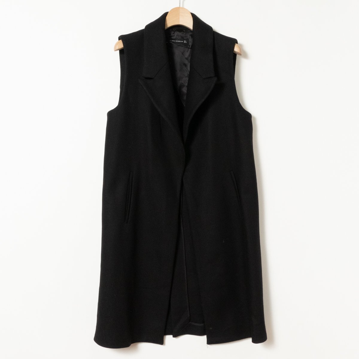 ZARA WOMAN ザラ ウーマン レディース ロングウールベスト サイズS ブラック 黒 無地 シンプル 襟付き ポケット付き 重ね着 アクセント