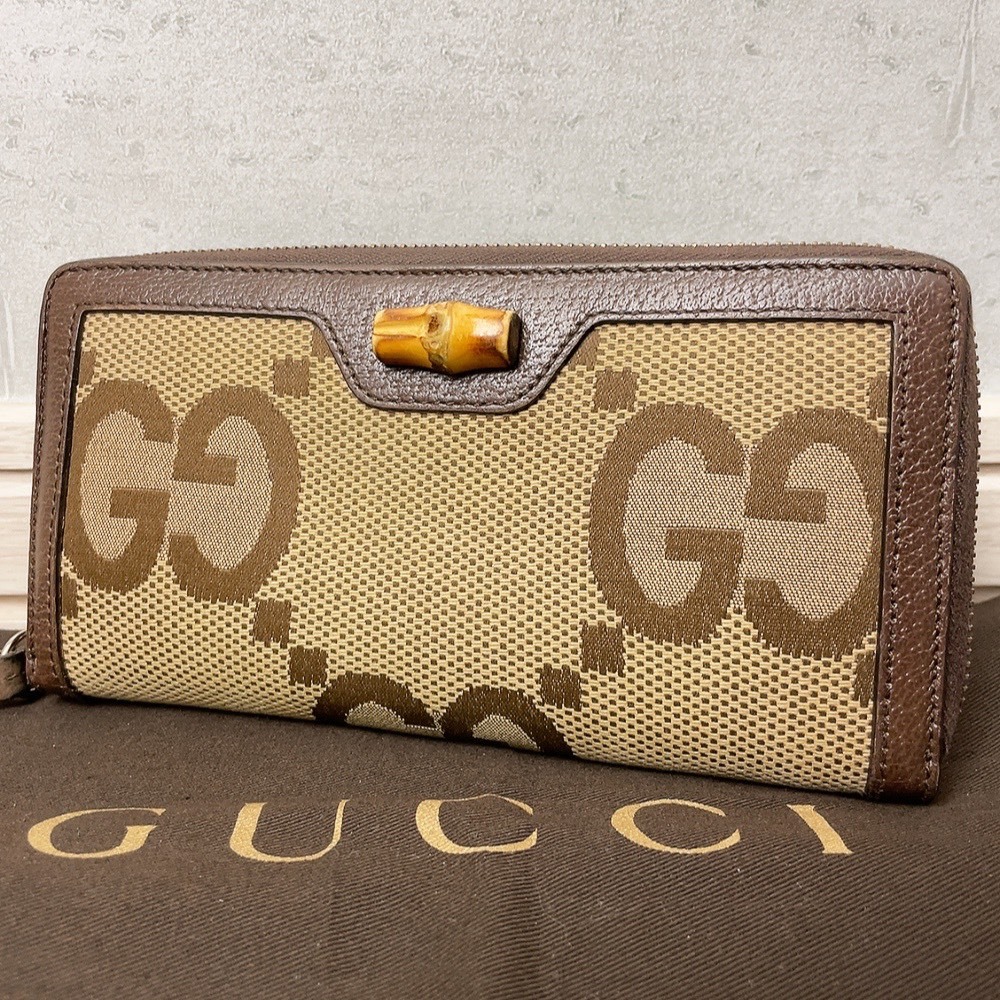GUCCI ジャンボGG バンブー 658634 キャンバス レザー グッチ ダイアナ ラウンドファスナー 長財布 コンチネンタルウォレット