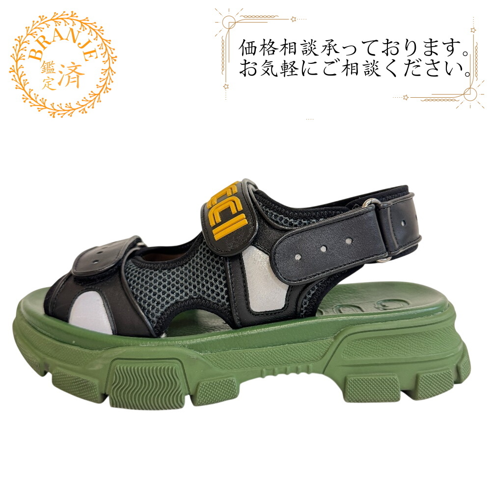 GUCCI グッチ 546064 ロゴ メッシュ フラッシュトレック レザー サンダル ブラック メンズ