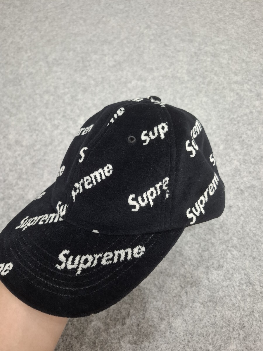 supreme Velour Piagonal Logo6-Panel　シュプリーム　総柄　ベロア　キャップ　黒