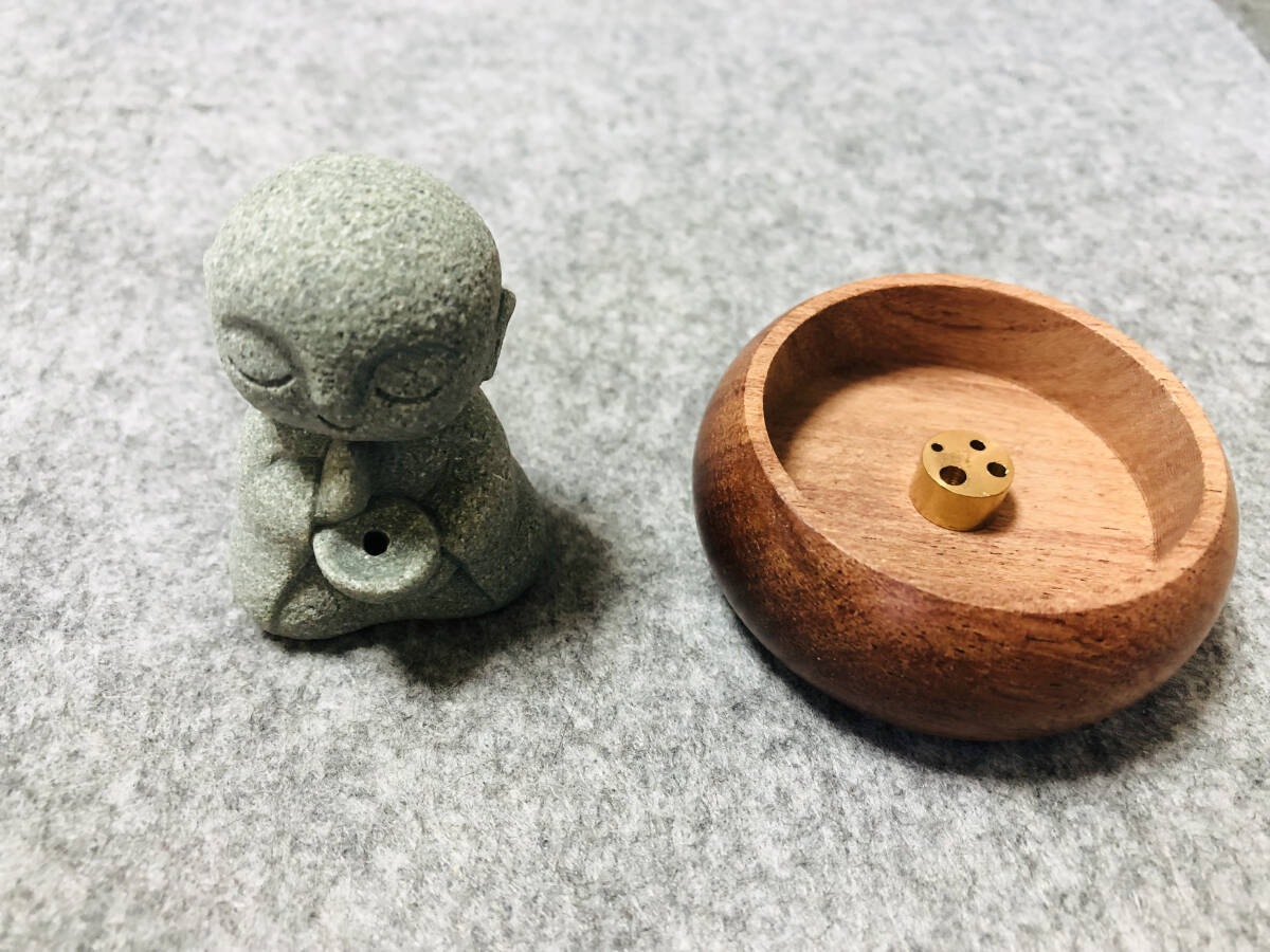 瞑想お地蔵さん＆木製香炉セット 石像 仏像 彫刻 お香立て 癒し 浄化 和モダン インテリア