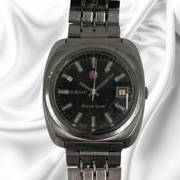 【 RADO /希少/ヴィンテージ】 稼働品ラドー RISING STAR ライジングスター 自動巻き メンズ 腕時計 黒文字盤 カットガラス