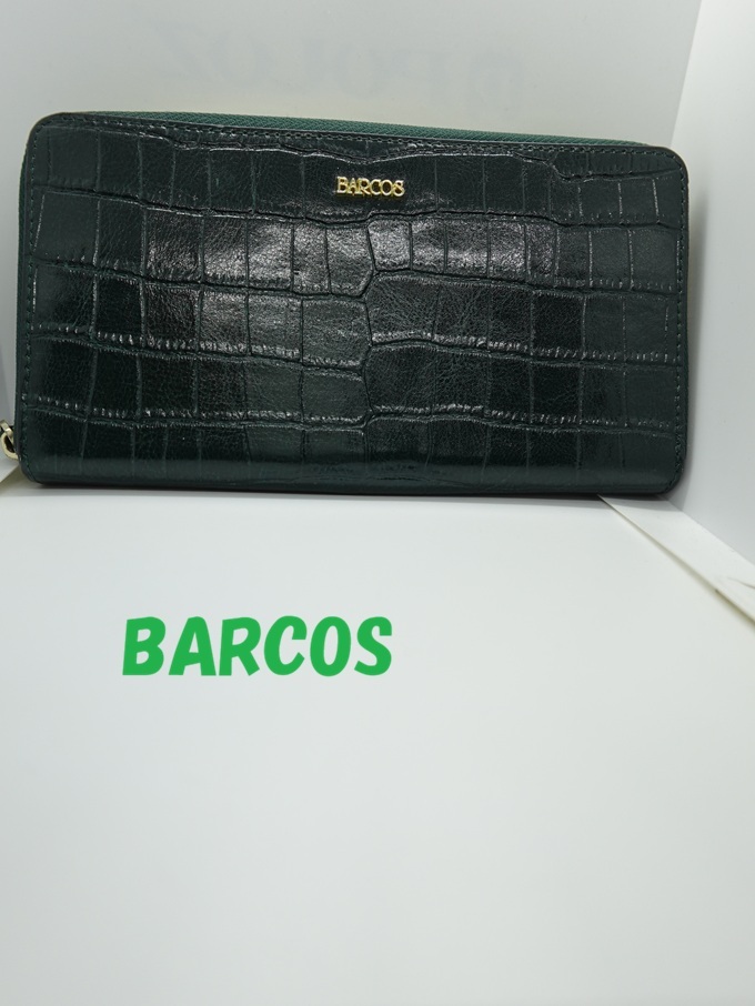 美品☆BARCOS　クロコ型押し　グリーン　長財布　バルコス　ラウンド型