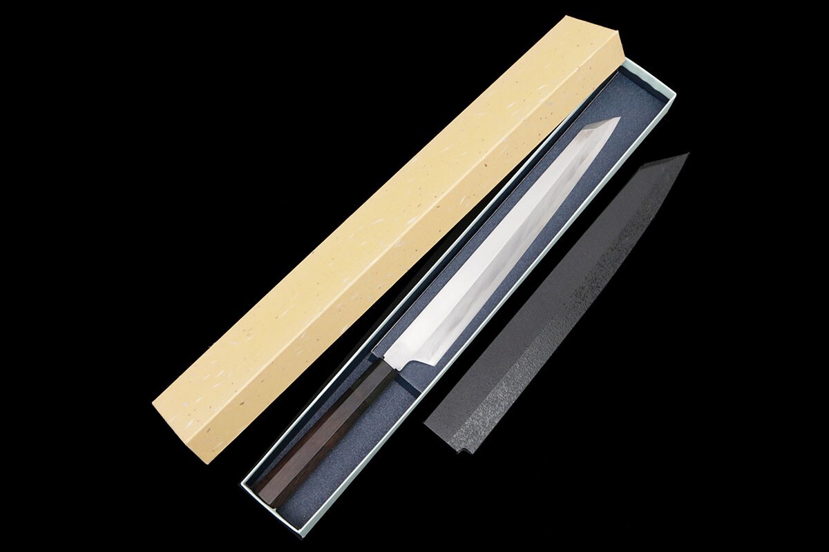 美品｜堺孝行 切付柳刃包丁 霞 尺 青二鋼 黒檀柄 鞘付・箱付 KN02-B3004-2L4