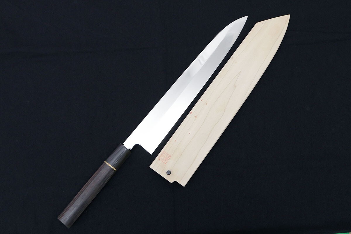 美品｜日吉丸刃物 柳出刃包丁 本焼 尺 合金鋼 黒檀柄 白鞘付 KN02-B3001-2L4