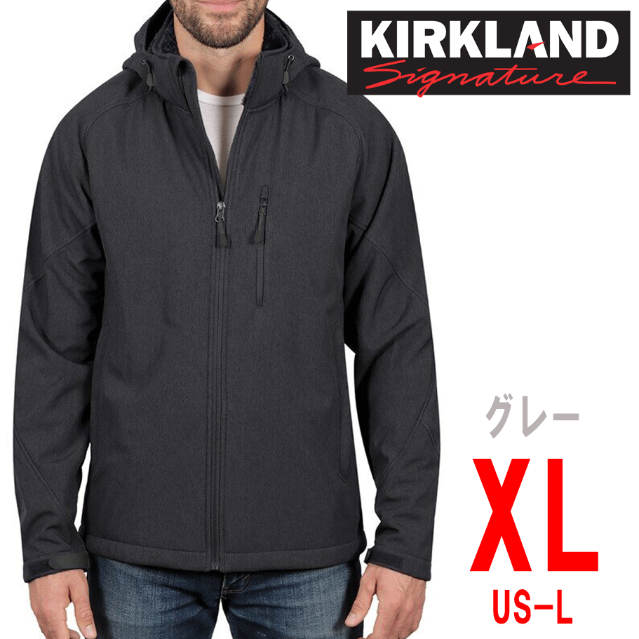 新品 XL ★ コストコ カークランドシグネチャー メンズ ソフトシェル ジャケット 裏ボア グレー US-L ストレッチ フード付き 撥水 防風