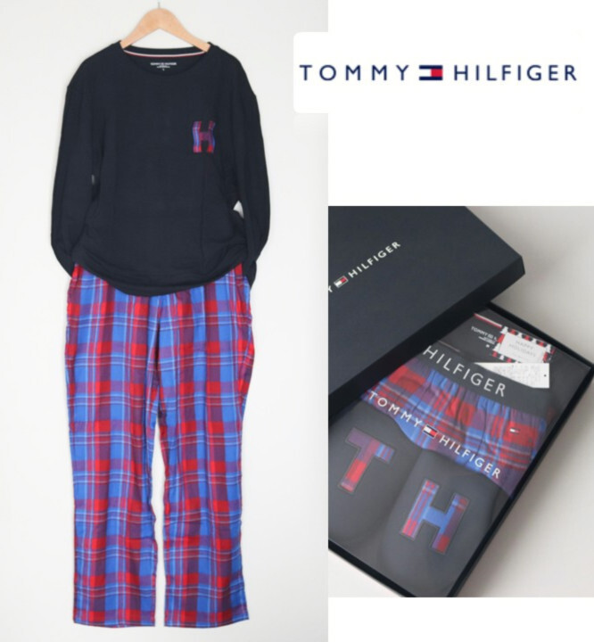 新品箱付き【トミーヒルフィガー】３点セット 長袖カットソー ロングパンツ スリッパ M v7656k 部屋着 プレゼントにも最適