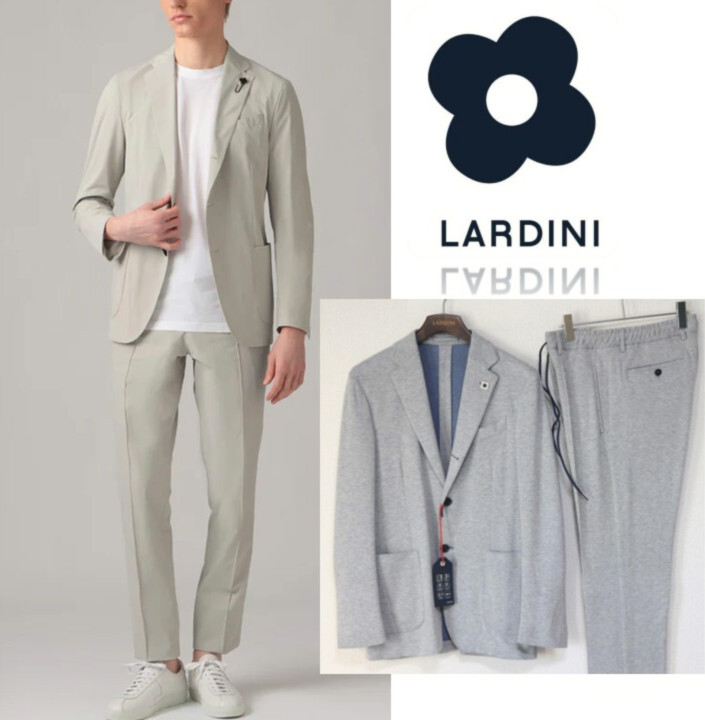 198,000円新品タグ付き【LARDINI ラルディーニ】綿カシミヤ混 EASY WEAR ジャージー 3Bスーツ 50 ブートニエール付き v7913