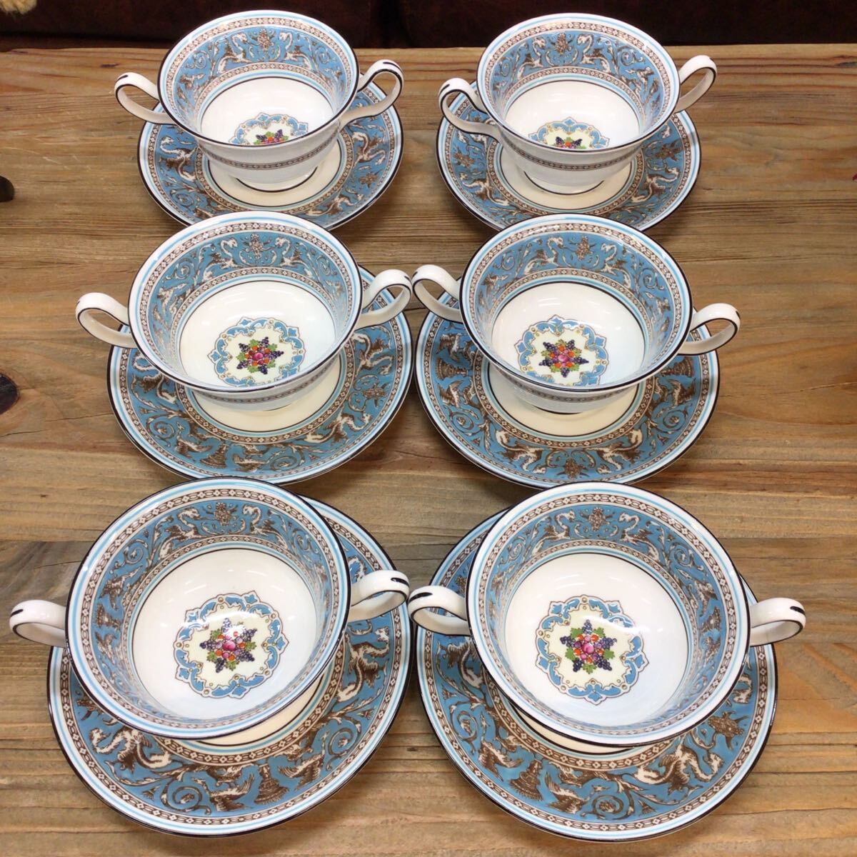 処分！ウェッジウッド WEDGWOOD フロレンティーン FLORENTINE ターコイズ スープ カップ＆ソーサー６客セット USED