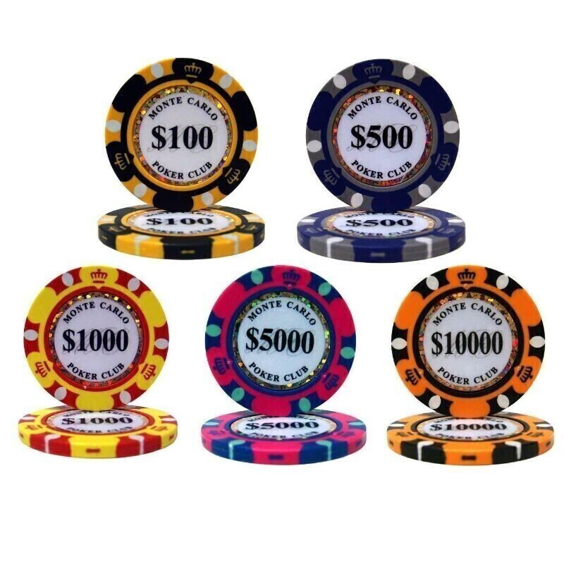 $100×125枚 $500×50枚 $1000×50枚 $5000×50枚 $10000×25枚 合計300枚 ポーカーチップ モンテカルロ カジノ