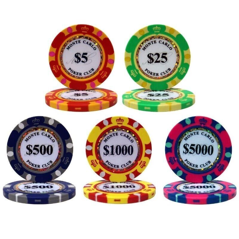 $5×25枚 $25×25枚 $500×25枚 $1000×25枚 $5000×25枚 合計125枚 ポーカーチップ モンテカルロ カジノ コイン クレイ プラスチック