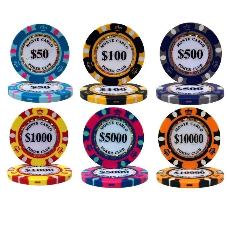 $50×100枚 $100×200枚 $500×100枚 $1000×600枚 $5000×200枚 $10000×200枚 合計1400枚 ポーカーチップ モンテカルロ カジノ