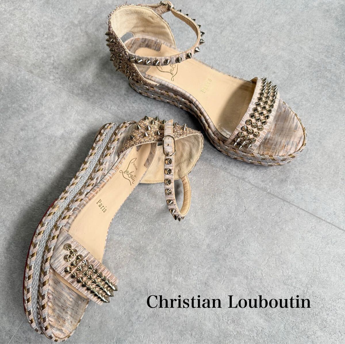 美品 ルブタン Christian Louboutin カタクロウ ウェッジソール サンダル スタッズ ストラップサンダル ゴールド シルバー 37 24cm